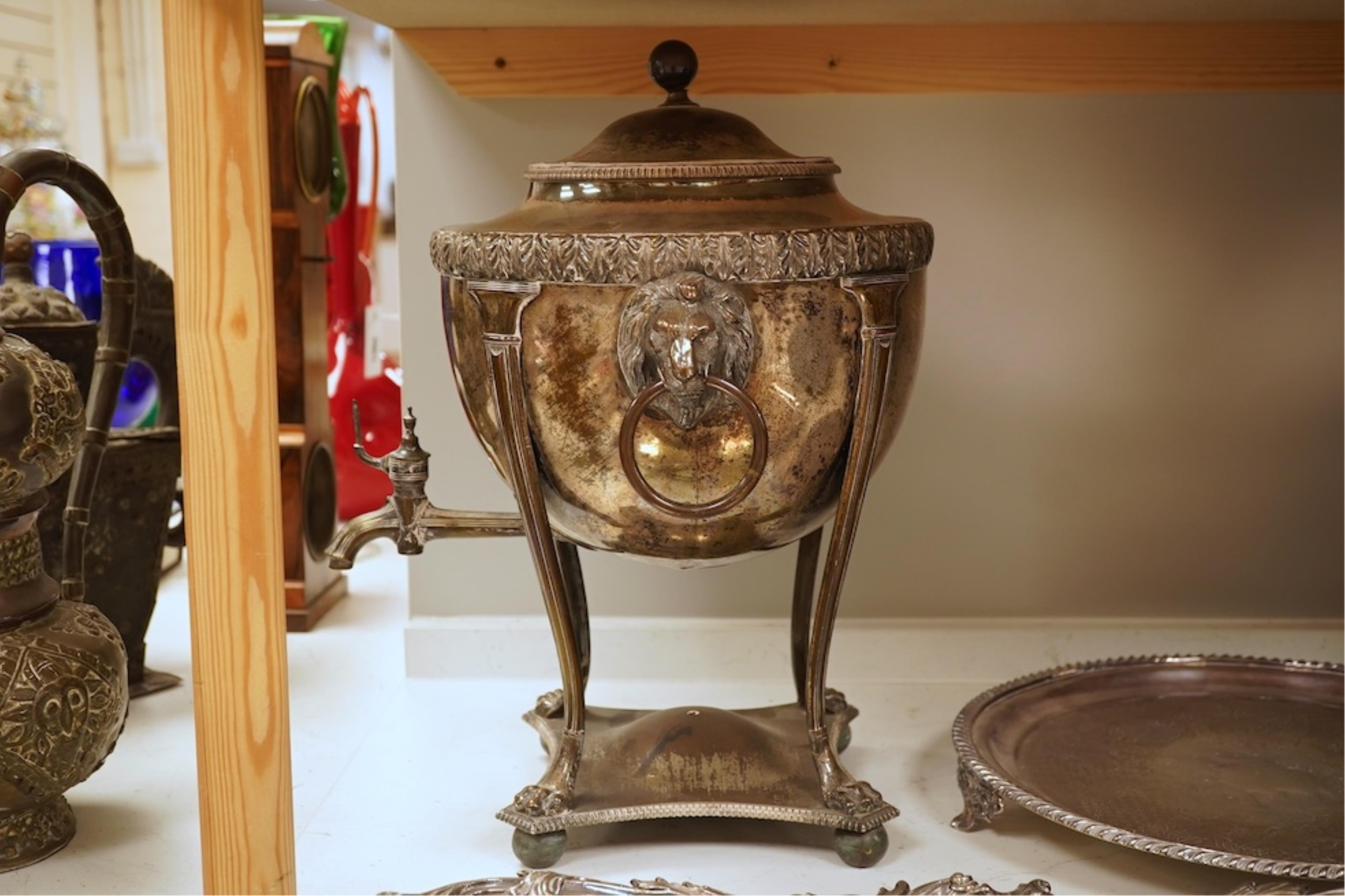 A Regency Old Sheffield Plate samovar and two silver plated trays, largest 70cm